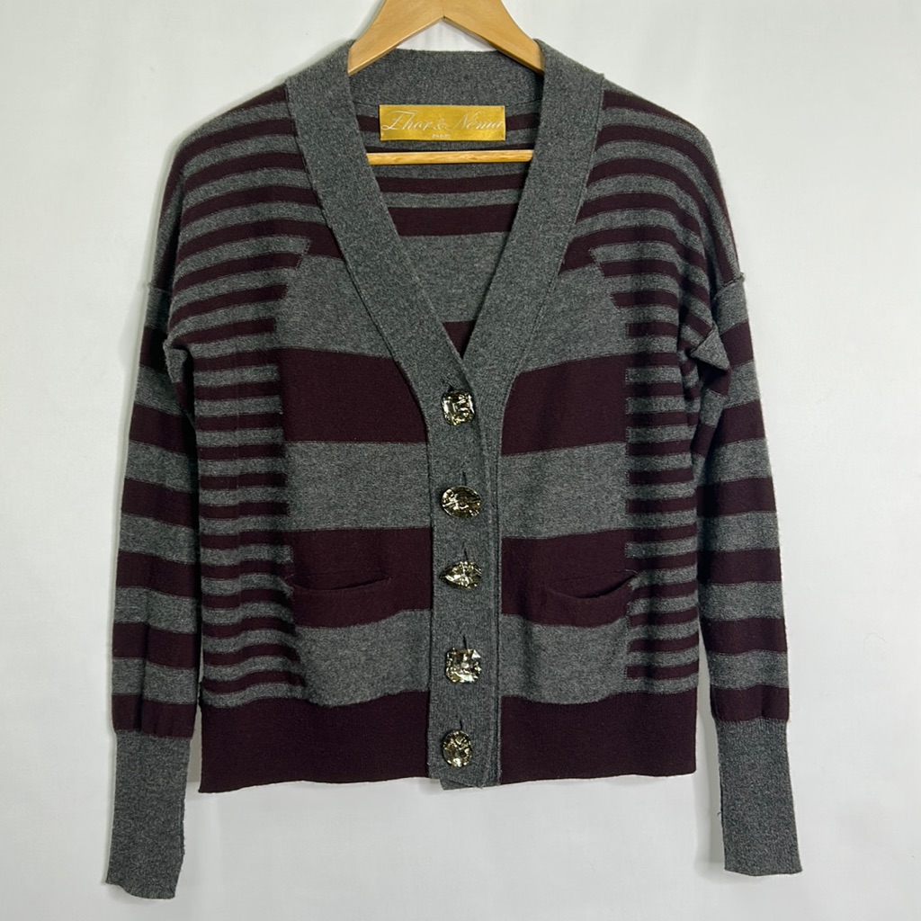 Zhor & Nema Striped Wool Cashmere Button Art-To-Wear Cardigan
